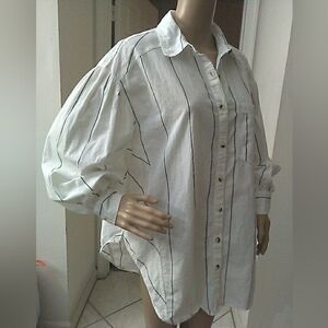 LK. NEW "WE THE FREE" White Button-Down Shirt & Black Stripes PUFF SLV OVERSIZED